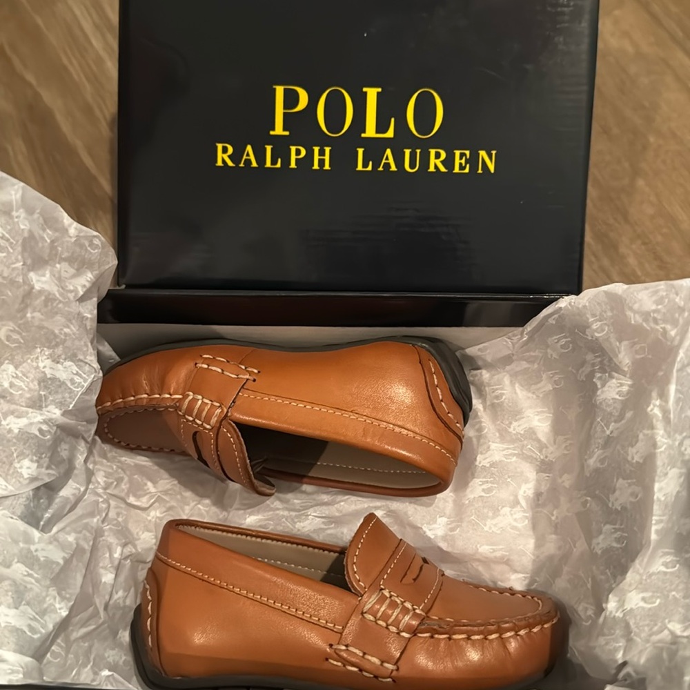Brand new Ralph Lauren loafers toddler size 4 1/2 Telly Tan color in box